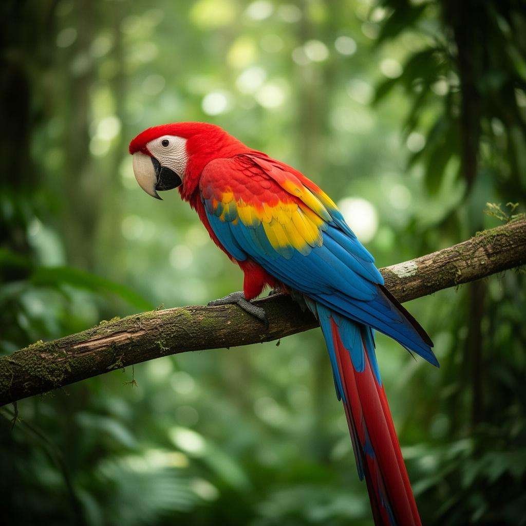 A wild scarlet macaw in the canopy of the Osa Peninsula