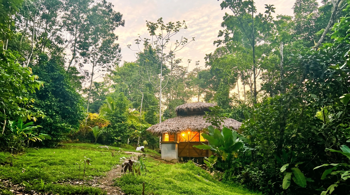 Sacred 5-dimensional architecture at Tierra Santa, glowing at sunset on the Osa Peninsula