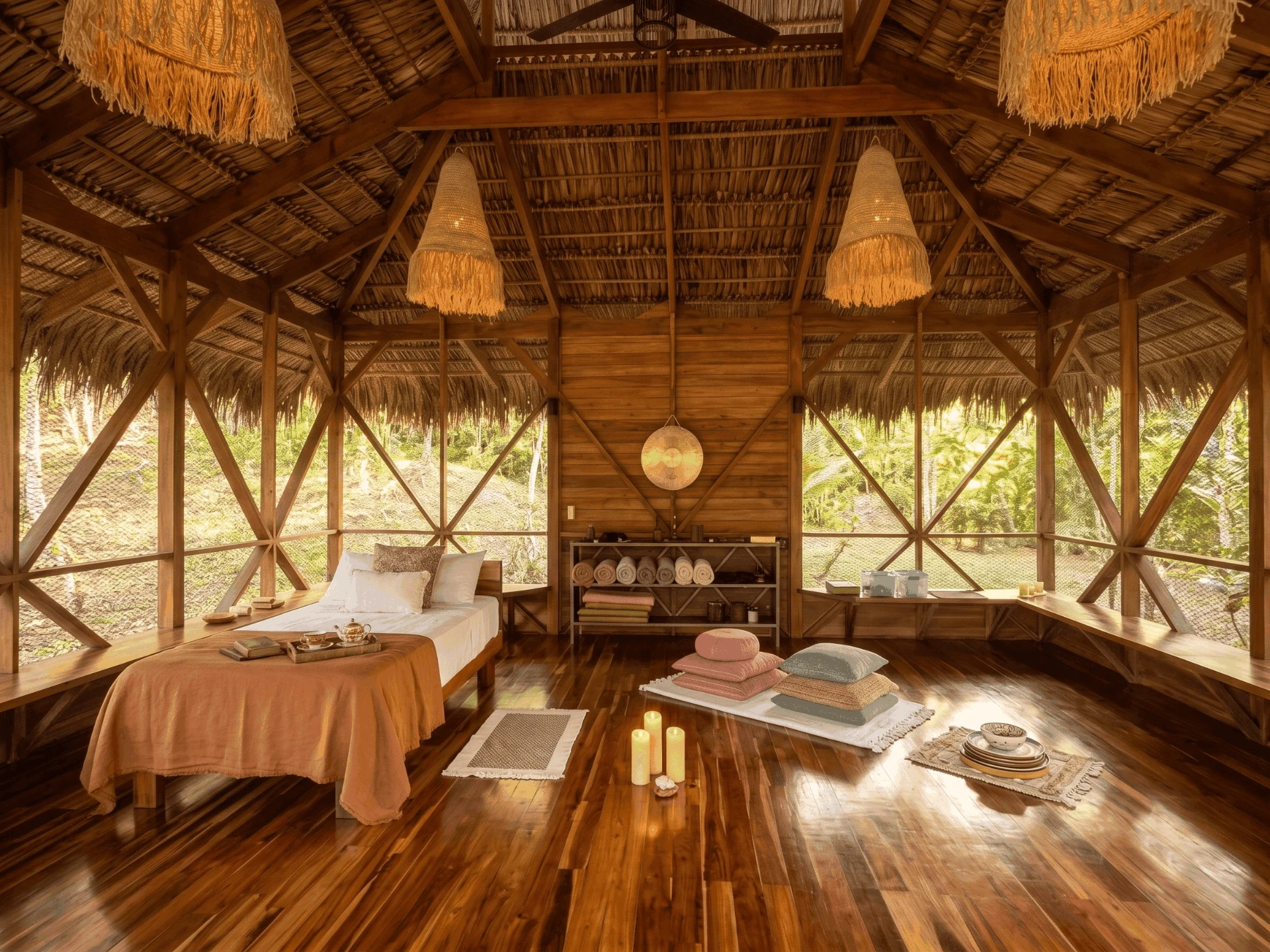 Open wooden temple room at Tierra Santa