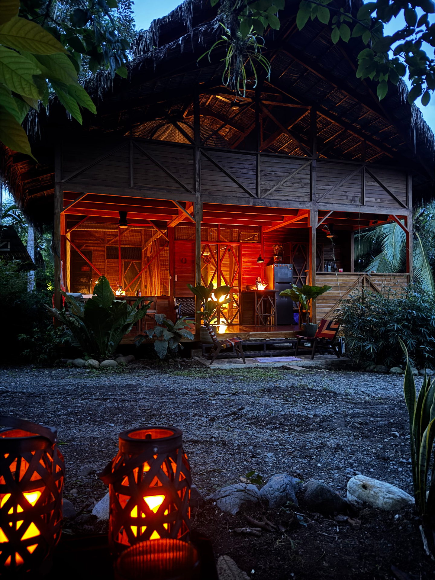 Tierra Santa lodge glowing at dusk