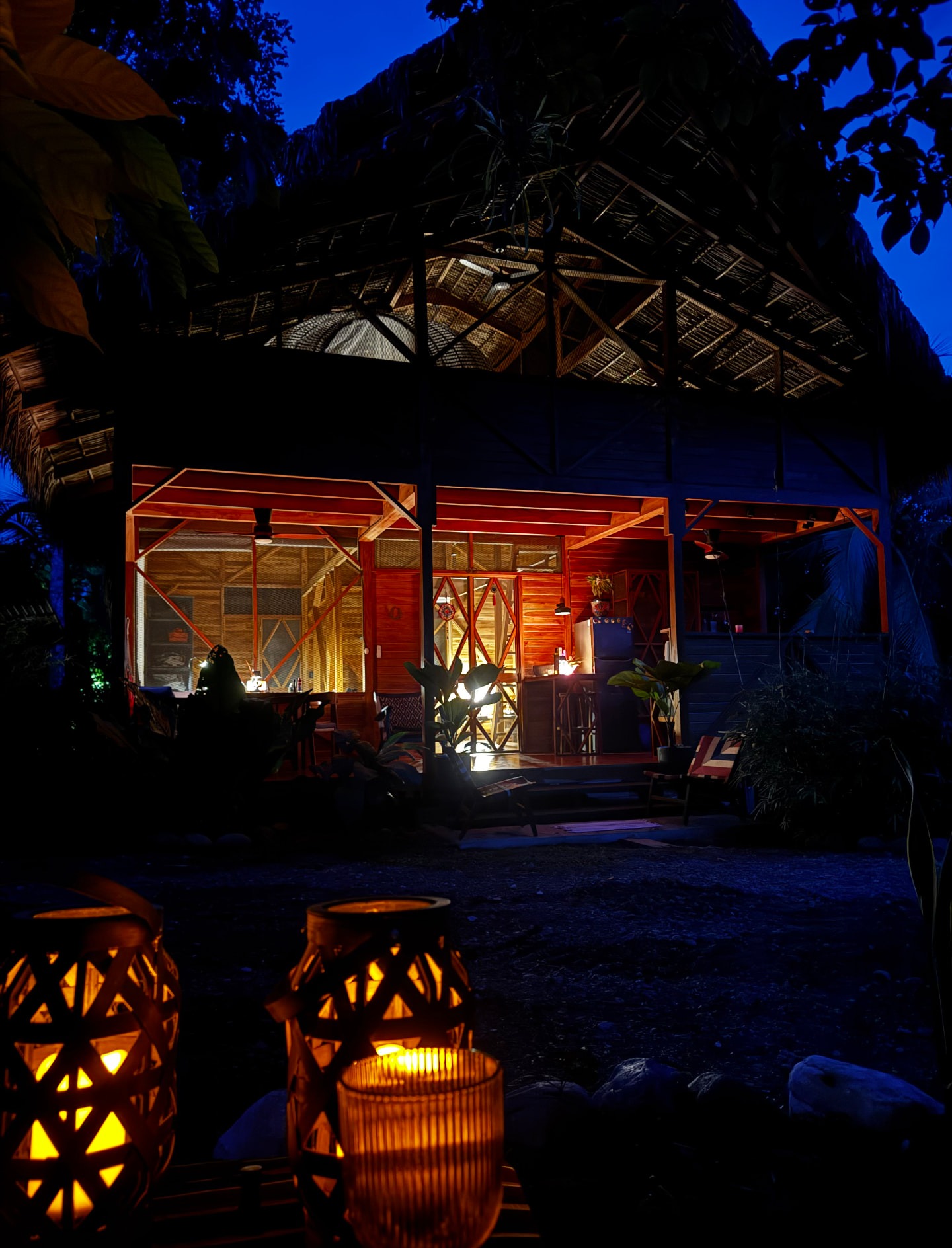 Tierra Santa lodge and lanterns at night
