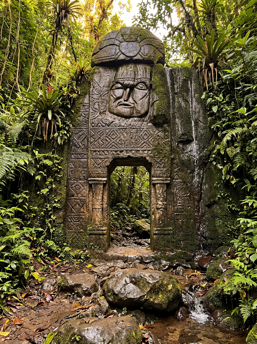 Ancient indigenous rock carving in the Costa Rican rainforest