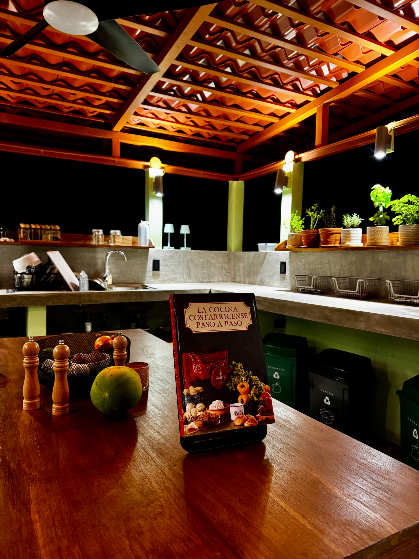 The open kitchen of La Seta at night, with the traditional Costa Rican cookbook on the counter
